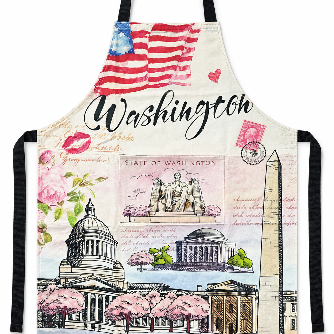 A white apron with black neck and waist straps, featuring a colorful watercolor collage of Washington, D.C.