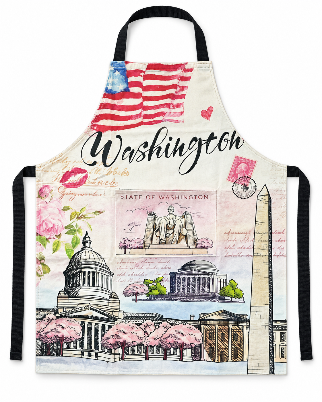 A white apron with black neck and waist straps, featuring a colorful watercolor collage of Washington, D.C.