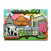 A colorful 3D embossed Wooden Magnet featuring a historical landmark such as white house, Washington monument, Lincoln Memorial, and U.S. Capitol.