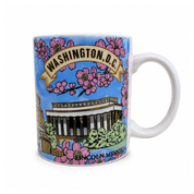 Washington DC cherry blossom souvenir mug featuring the Lincoln Memorial, pink cherry blossoms, and a Washington, D.C. banner on a bright blue sky background.