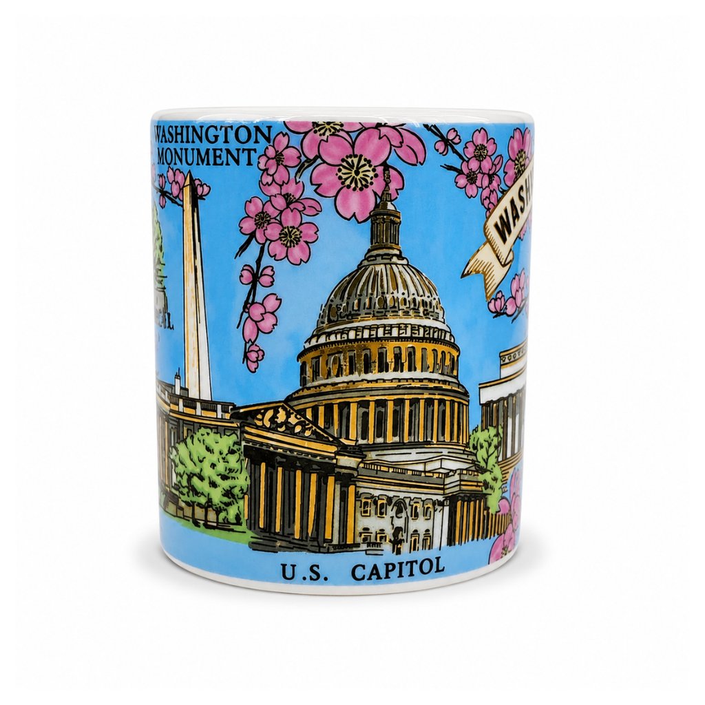 Washington DC cherry blossom souvenir mug featuring the Lincoln Memorial, pink cherry blossoms, and a Washington, D.C. banner on a bright blue sky background.