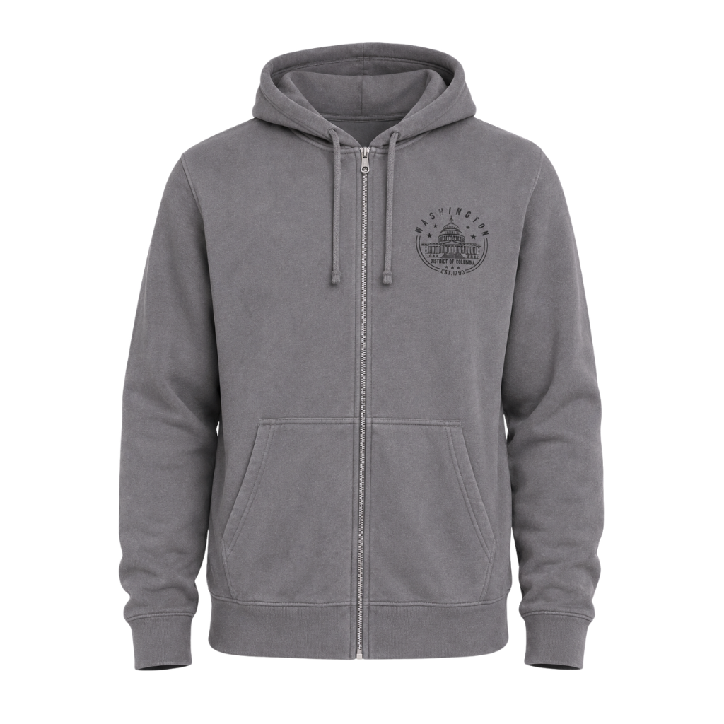 A gray zip-up hoodie with a drawstring hood, kangaroo pockets, and a dark gray circular graphic on the left chest, shown against a plain white background.
