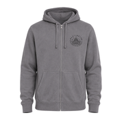 A gray zip-up hoodie with a drawstring hood, kangaroo pockets, and a dark gray circular graphic on the left chest, shown against a plain white background.