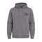 A gray zip-up hoodie with a drawstring hood, kangaroo pockets, and a dark gray circular graphic on the left chest, shown against a plain white background.
