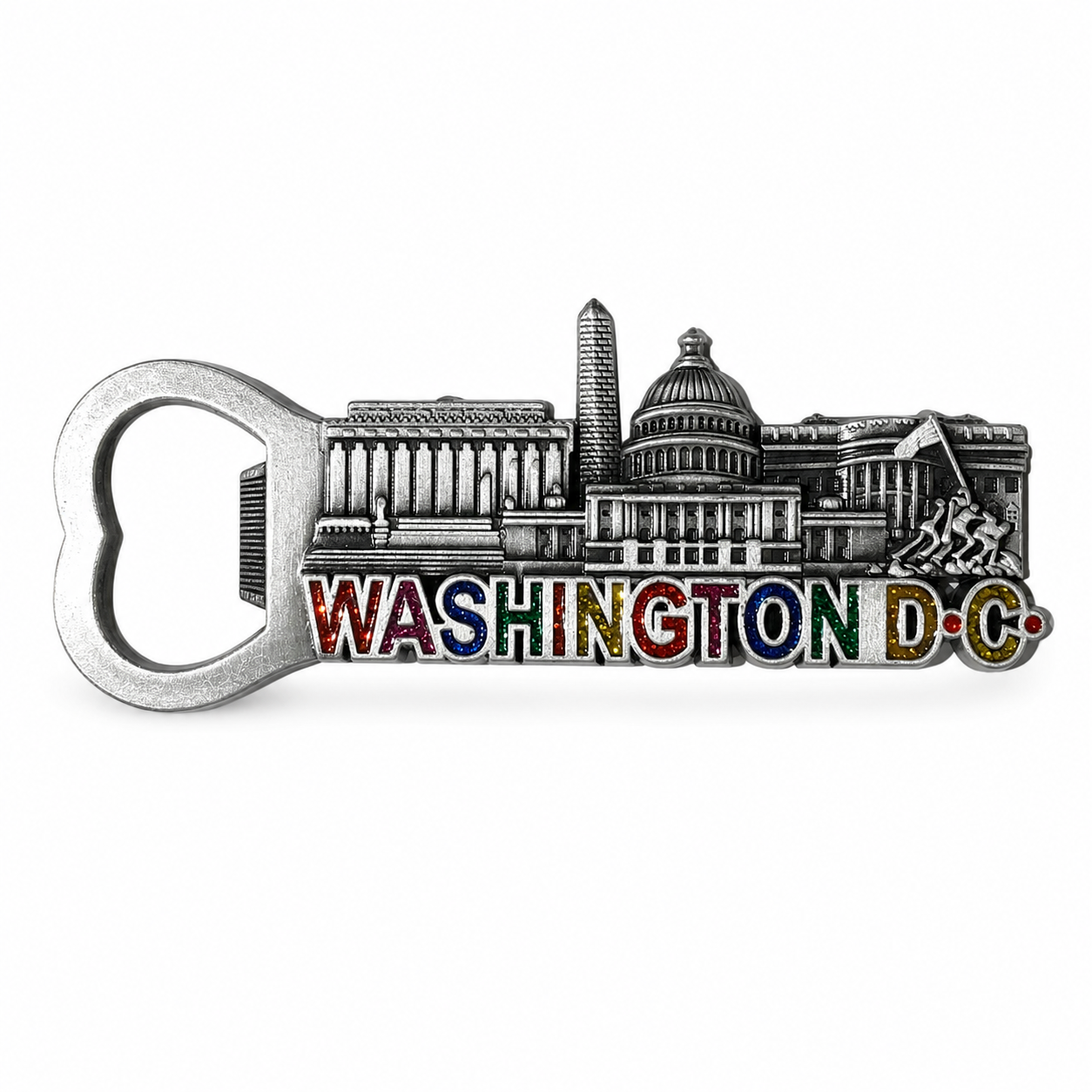 A silver metal Washington D.C Bottle Opener Magnet.