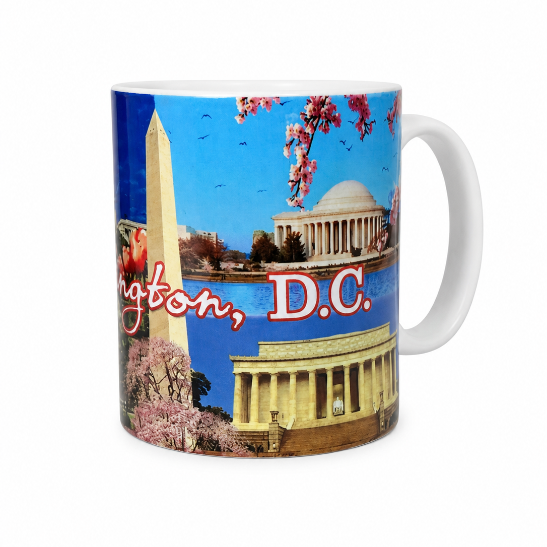 Washington, D.C. souvenir coffee mug with landmark collage with the U.S. Capitol, White House, Washington Monument, Jefferson Memorial, Lincoln Memorial, cherry blossoms, tulips, and “Washington, D.C.” text