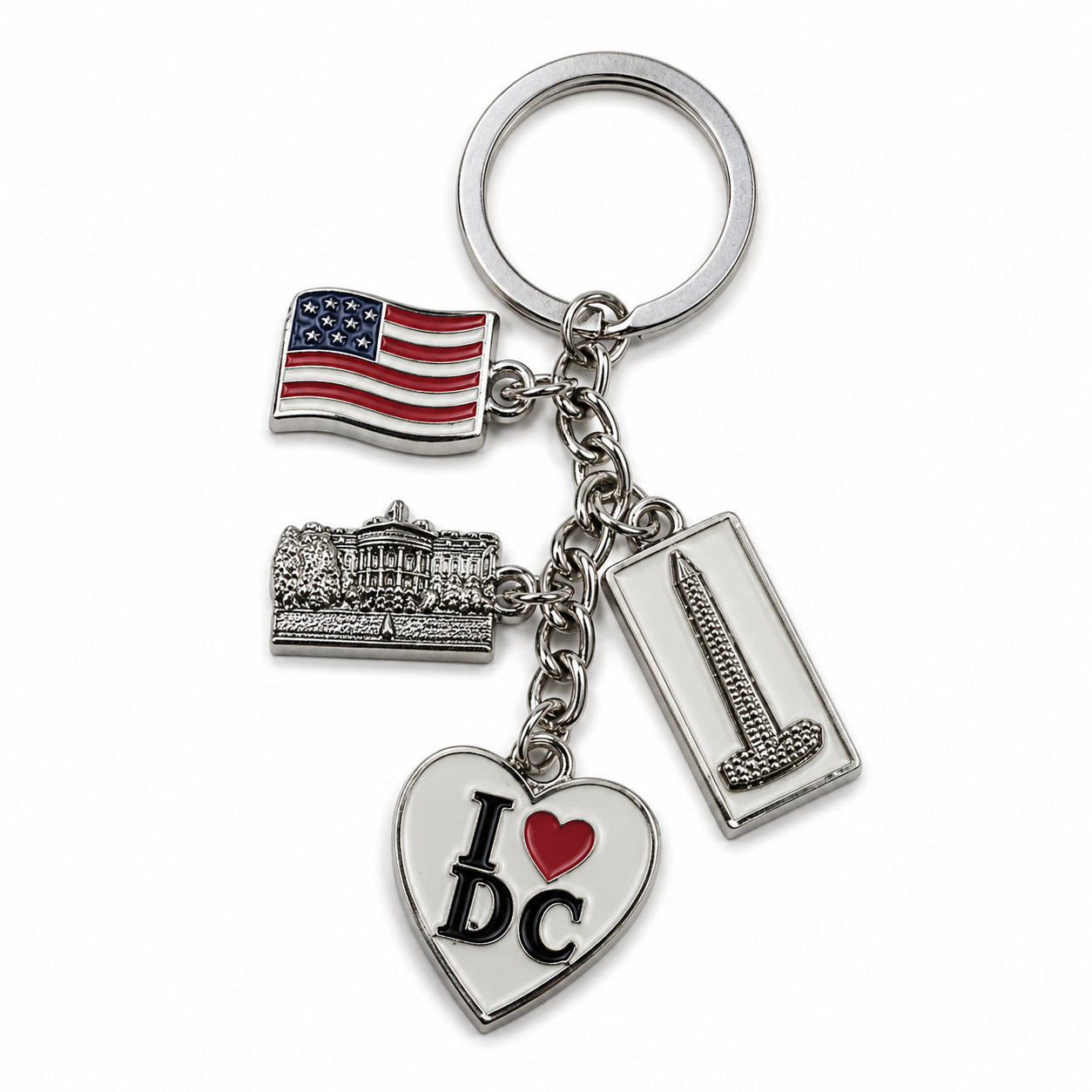  Washington DC charm keychain with American flag, White House, Washington Monument, and I Love DC heart           