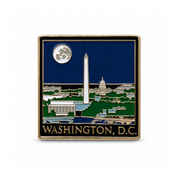 Washington DC skyline magnet featuring the Washington Monument, U.S. Capitol, Lincoln Memorial, Reflecting Pool, and full moon in a nighttime design.