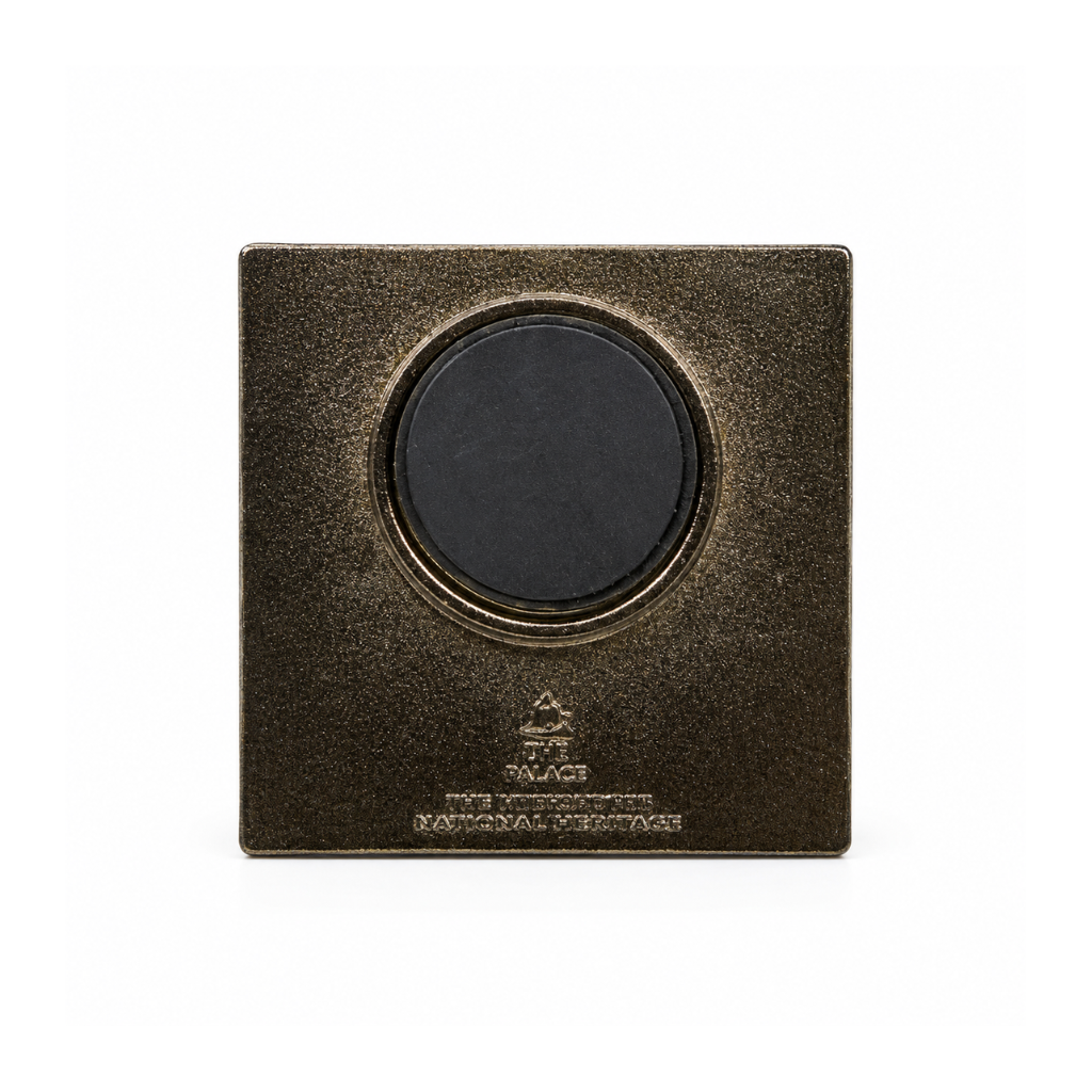 Back view of the Washington DC skyline magnet showing the strong round magnetic backing and durable metal construction.