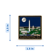 Washington DC skyline magnet measuring 1.5 x 1.5 inches, featuring the Washington Monument, U.S. Capitol, Lincoln Memorial, Reflecting Pool, and full moon.