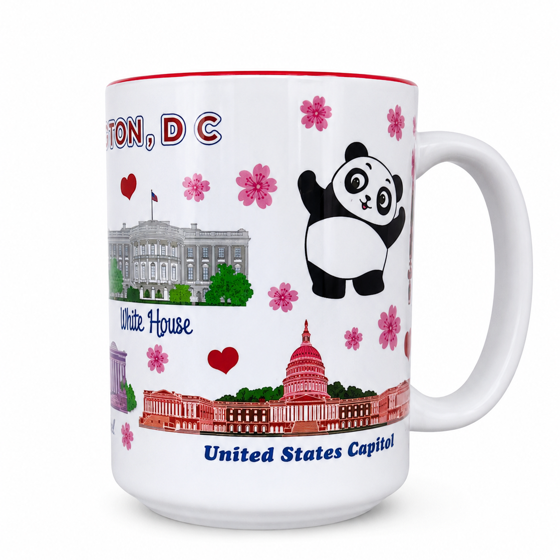 A white ceramic coffee mug with a red interior rim, decorated with illustrations of the White House and United States Capitol.