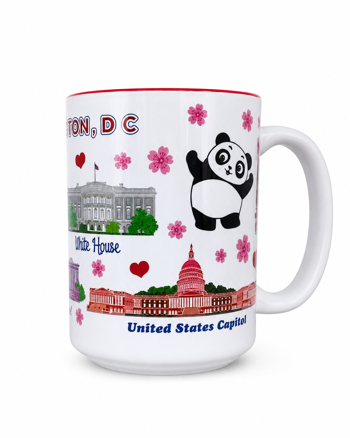 A white ceramic coffee mug with a red interior rim, decorated with illustrations of the White House and United States Capitol.
