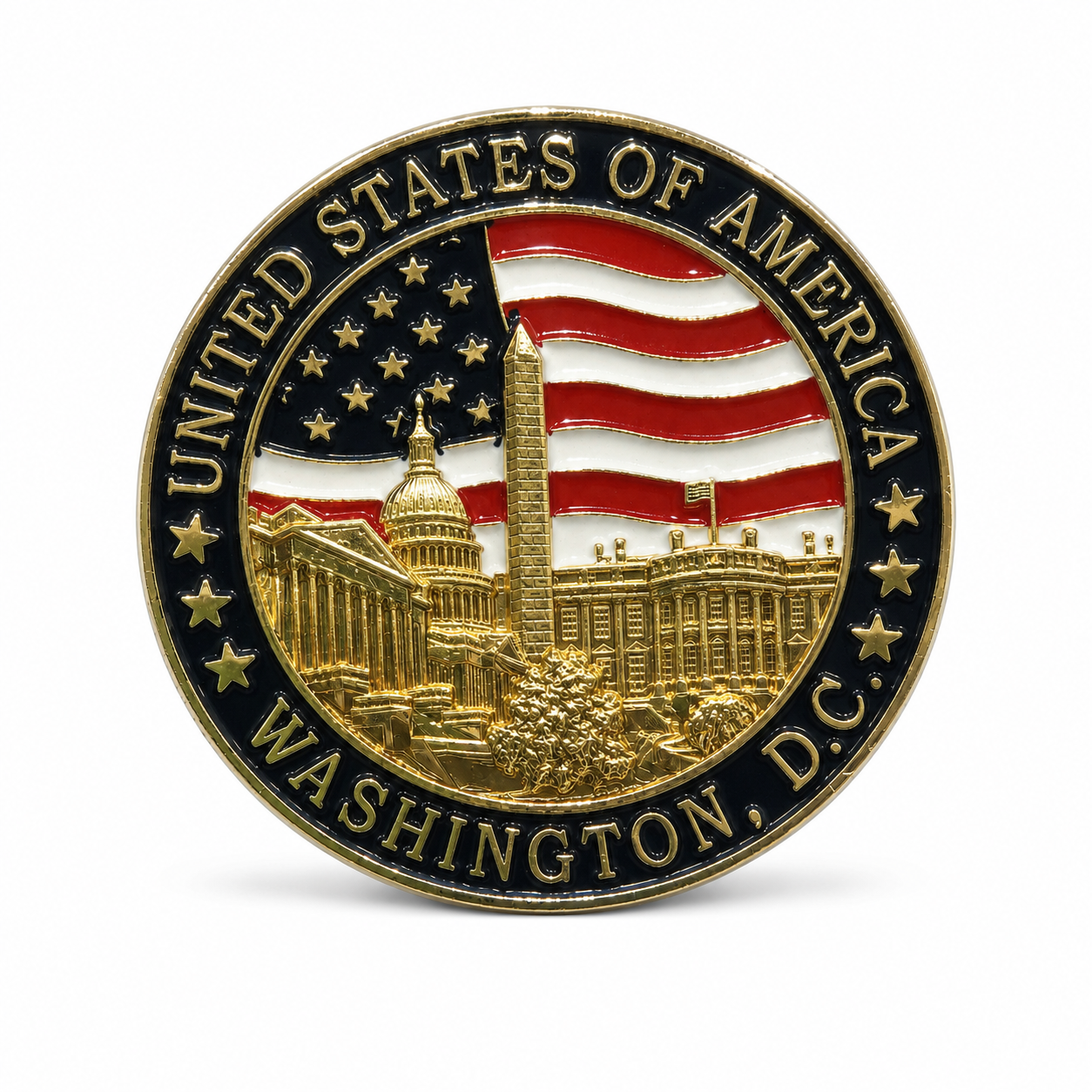 A circular United States of America Washington, D.C. metal magnet with the vibrant design of white house, Lincoln Memorial, Washington Monument, and U.S. Capitol and with the USA Flag.