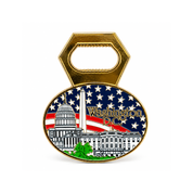 Washington DC magnet bottle opener featuring the U.S. Capitol, Washington Monument, White House, and American flag in a colorful souvenir design.