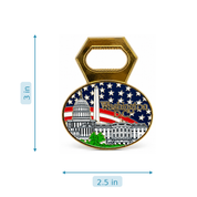 Washington DC magnet bottle opener measuring 3 x 2.5 inches, featuring the U.S. Capitol, White House, Washington Monument, and patriotic American flag design.