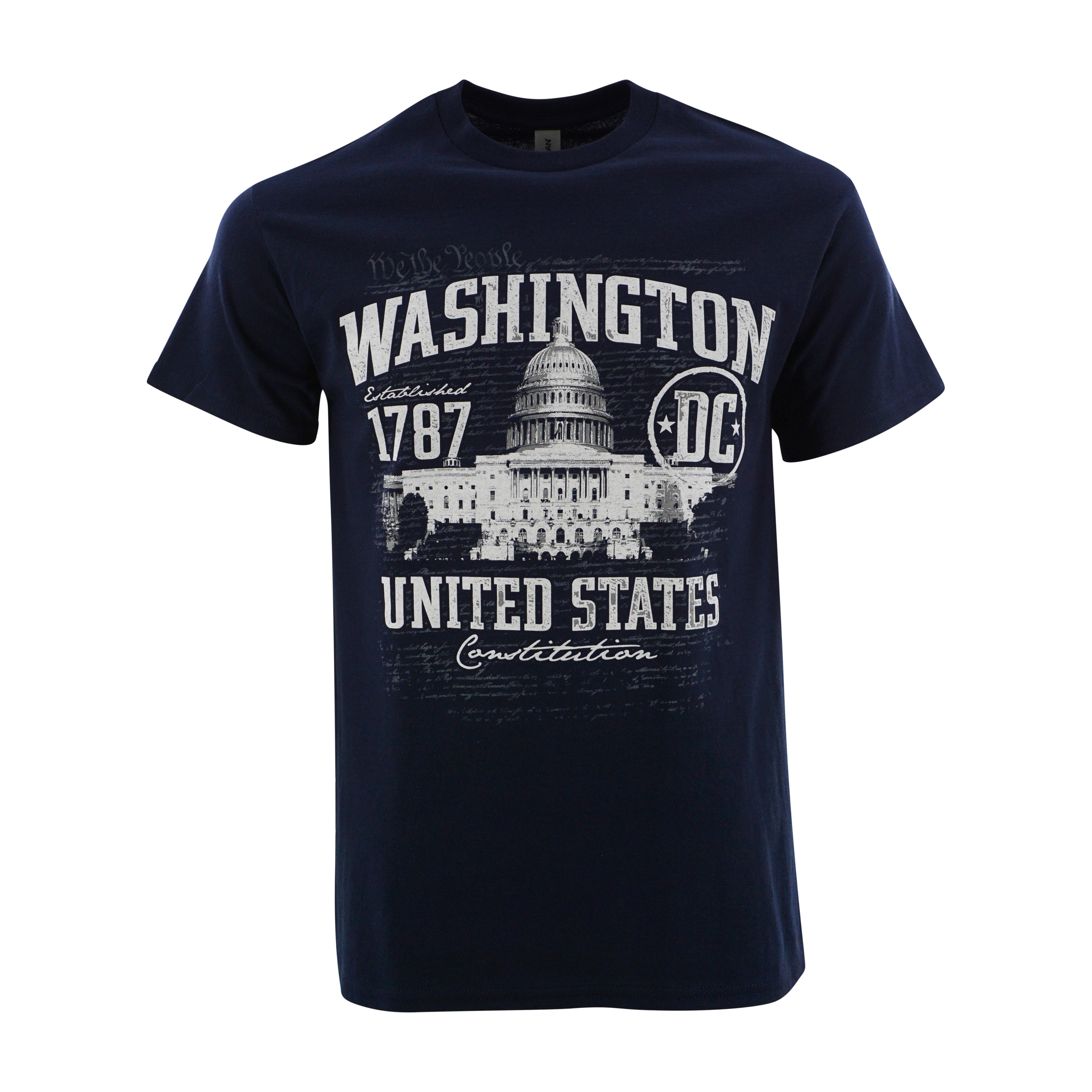 A navy blue t-shirt with a design featuring text Washington DC EST 1787 and the U.S. Capitol building.