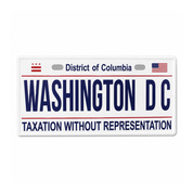 Washington DC Taxation Without Representation License Plate Magnet featuring the District of Columbia license plate design with red, white, and blue lettering.