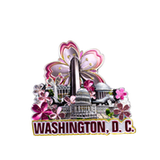 Washington DC cherry blossom magnet featuring the U.S. Capitol, White House, Washington Monument, Jefferson Memorial, and pink cherry blossoms.