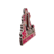 Angled view of the Washington DC cherry blossom magnet highlighting its layered construction, dimensional landmark artwork, and vibrant spring floral design.