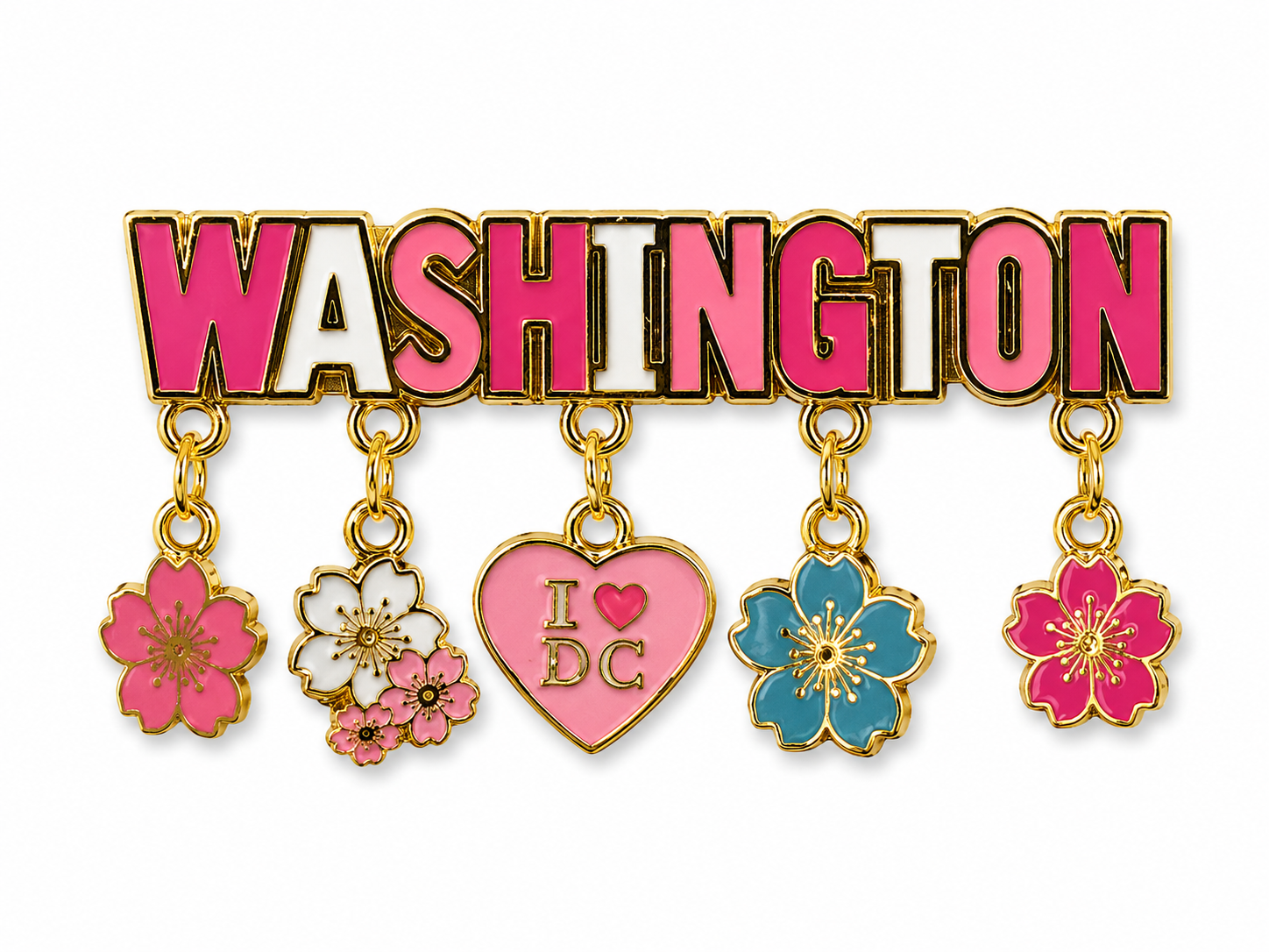 Washington DC cherry blossom magnet featuring pink and white lettering with dangling cherry blossom flowers and an I Love DC heart charm.