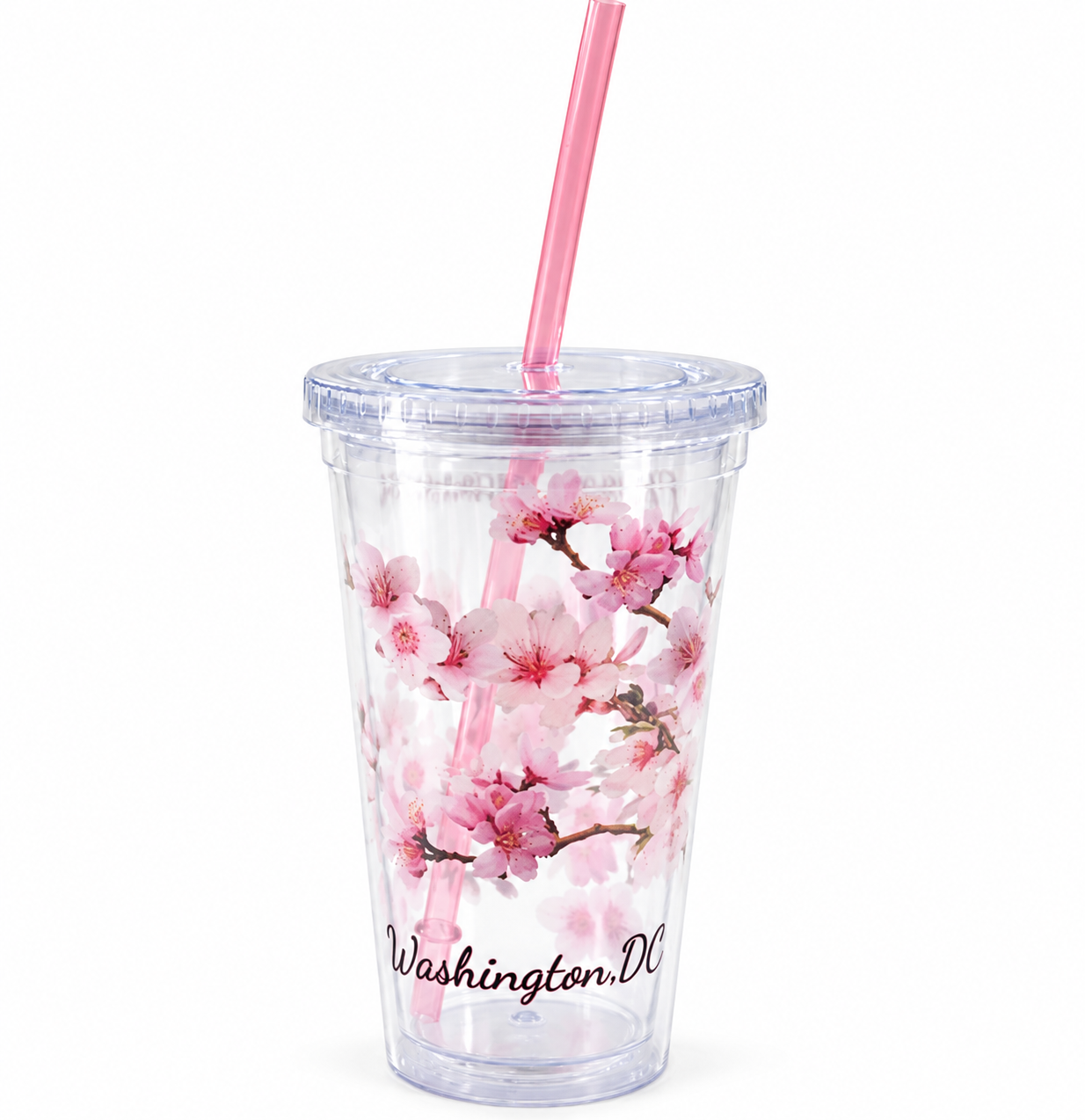Cherry Blossom w/ pink Straw- Clear Plastic cup
