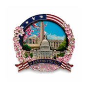 This shiny wooden magnet beautifully showcases iconic Washington, D.C. landmarks, including the Lincoln Memorial, Washington Monument, and Capitol Building, all framed within a vibrant cherry blossom and USA flag design.