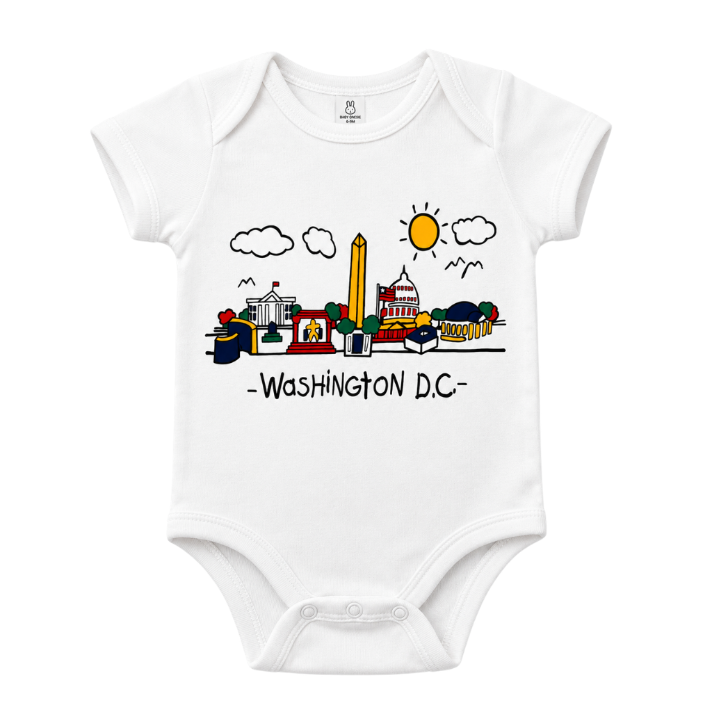 White baby onesie with Washington D.C. landmark design on a white background