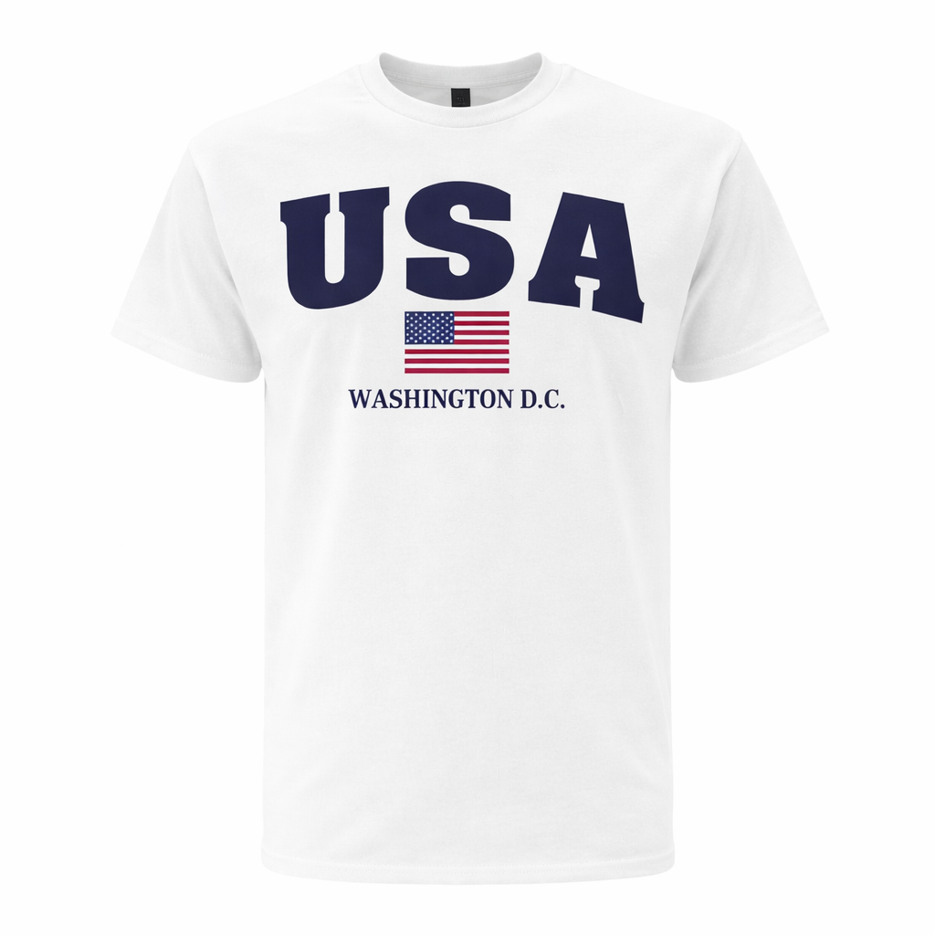 White t-shirt with 'USA' and 'Washington D.C.' text on a white background
