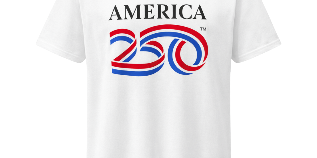 White t-shirt with 'AMERICA 250' graphic design 