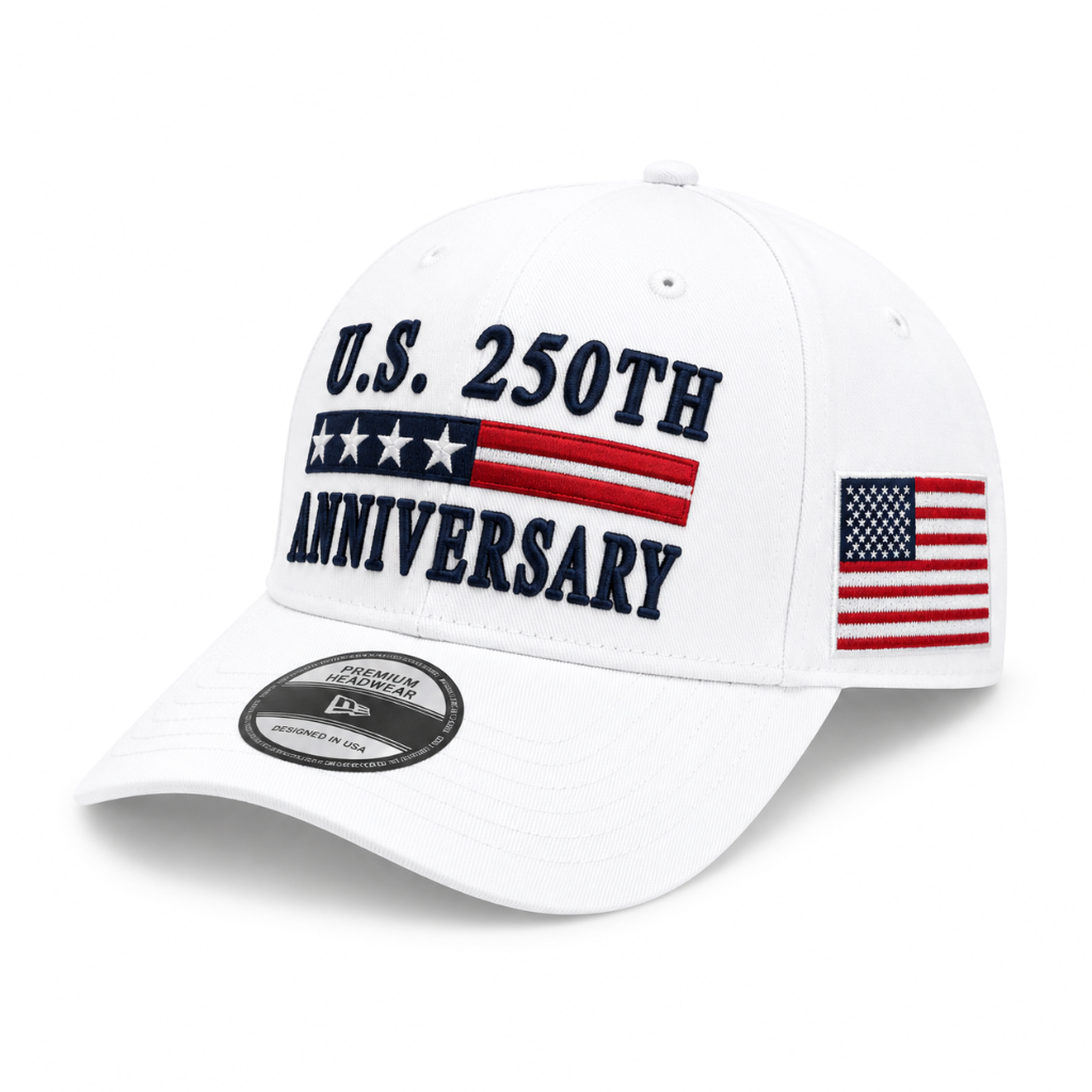 White U.S. 250th Anniversary cap with embroidered flag design and side American flag patch.