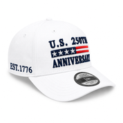 White cap with U.S. 250th Anniversary text and flag design and with EST. 1776 embroidery. on a white background