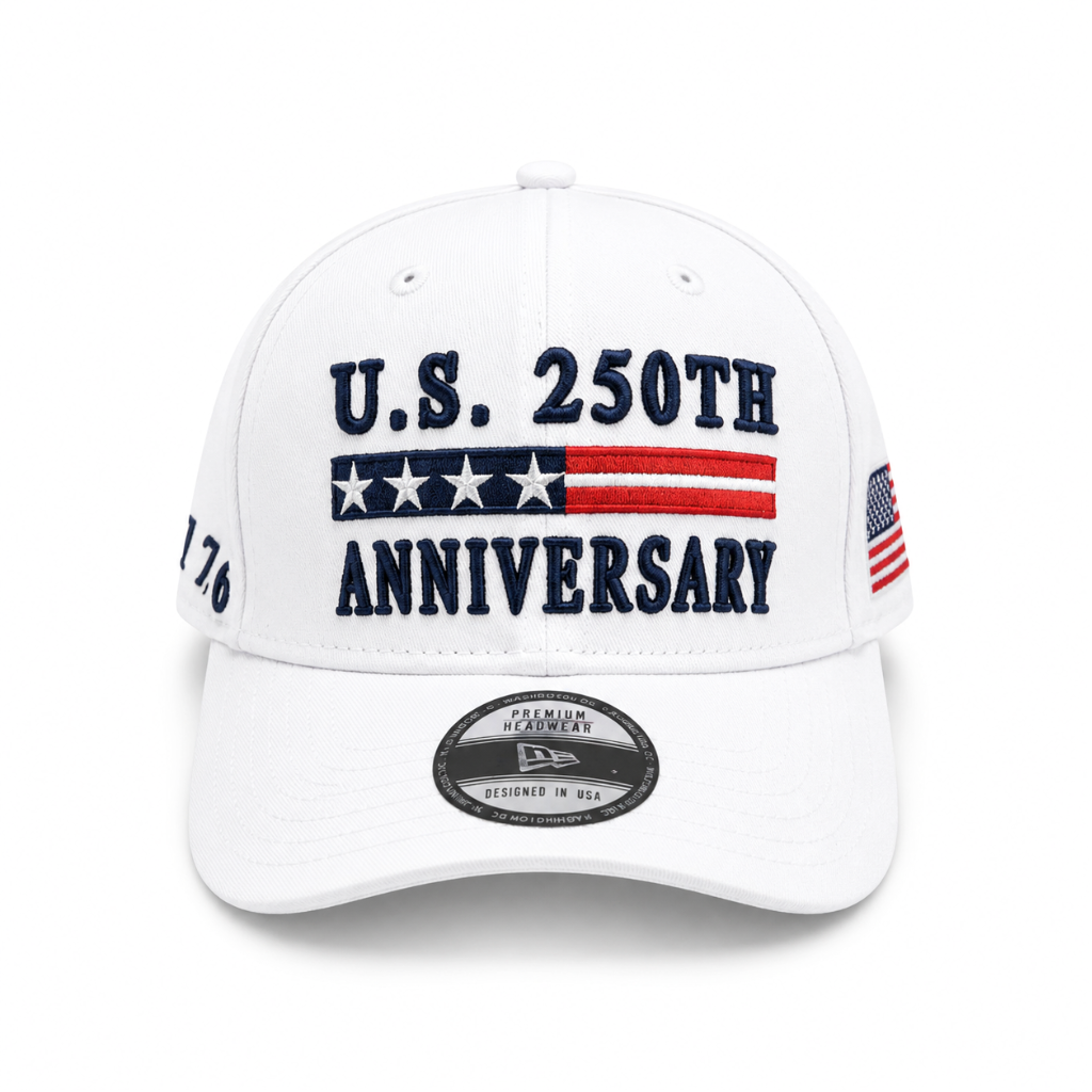 White U.S. 250th Anniversary cap with embroidered patriotic design and curved brim.