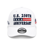 White U.S. 250th Anniversary cap with embroidered patriotic design and curved brim.