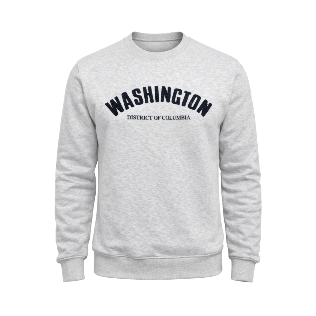 Gray sweatshirt with 'Washington District of Columbia' text on a white background