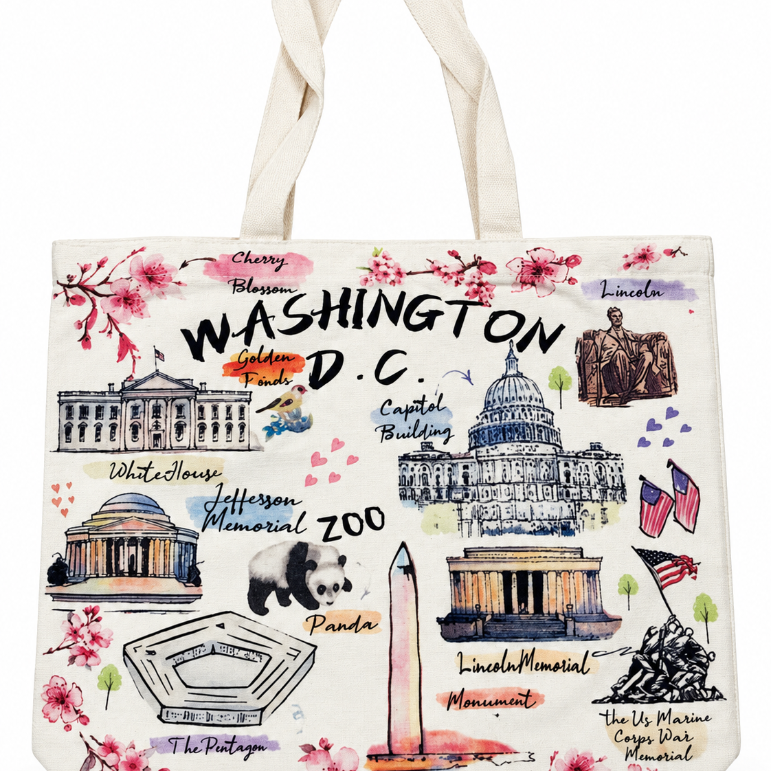 An off-white canvas tote bag featuring a colorful hand-drawn watercolor illustration of Washington, D.C.