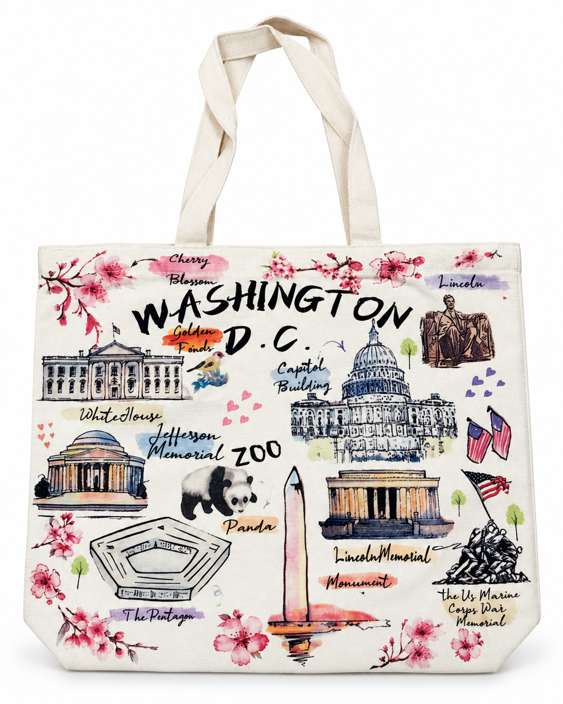 An off-white canvas tote bag featuring a colorful hand-drawn watercolor illustration of Washington, D.C.