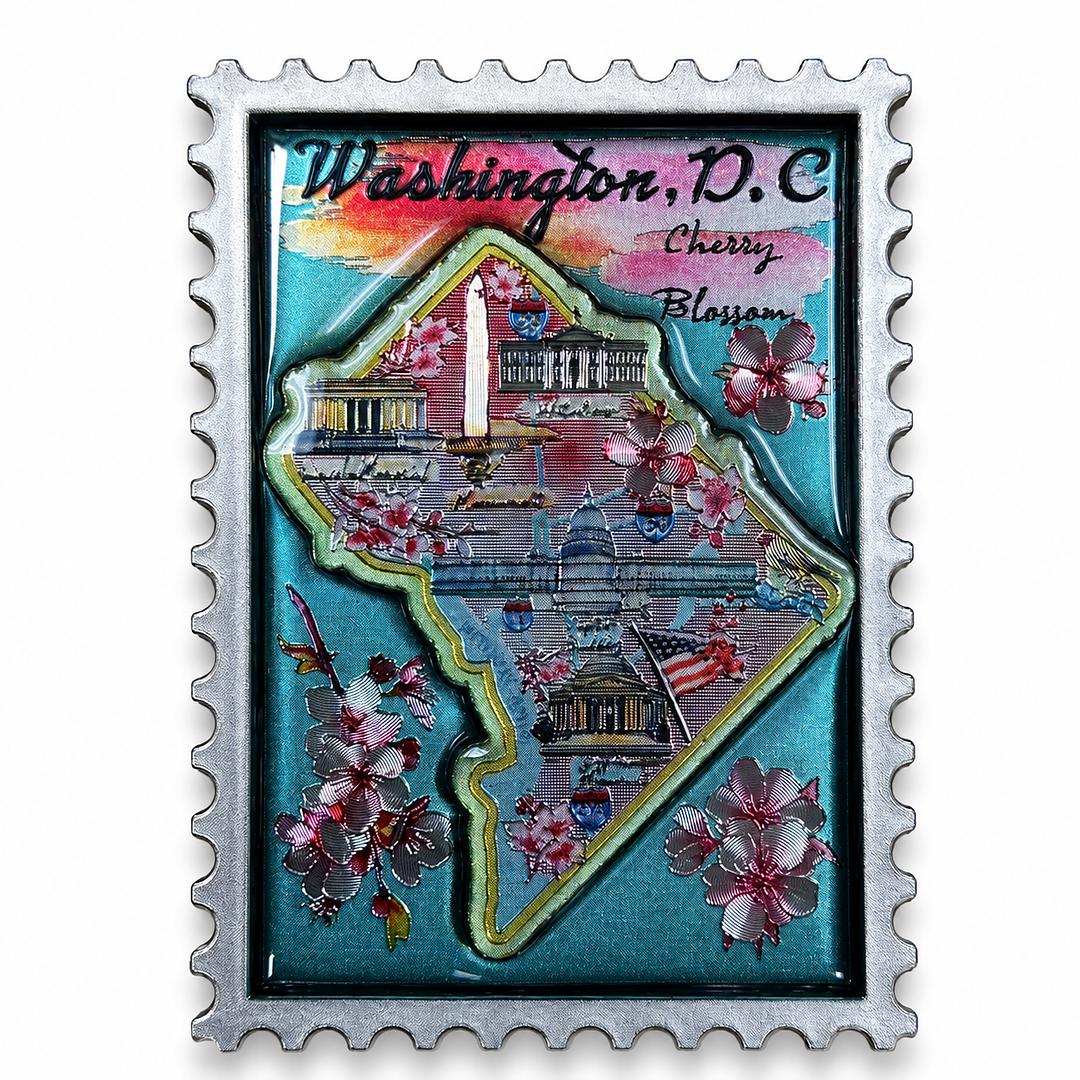 A square postage stamp-style art magnet piece featuring a Washington, D.C.