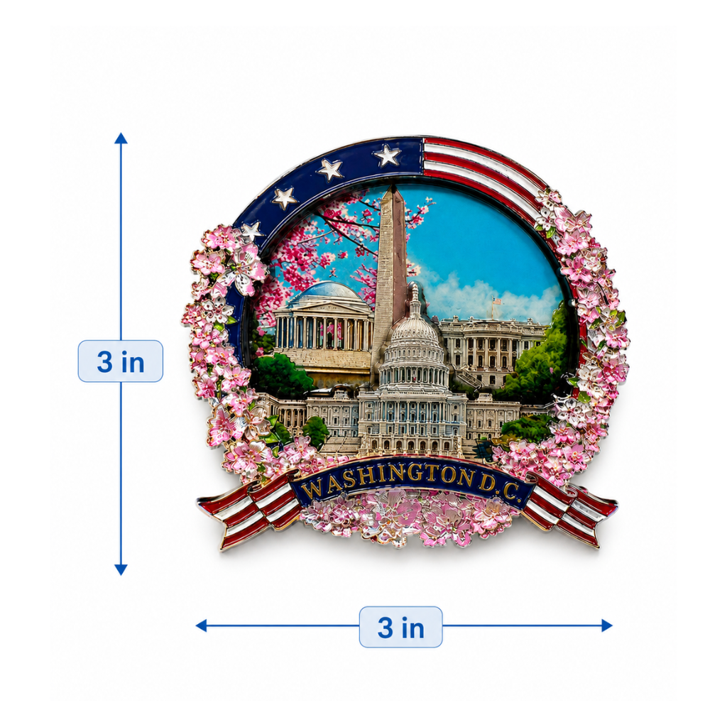 Washington DC in Cherry Blossom and USA Flag Frame Round Wooden Magnet