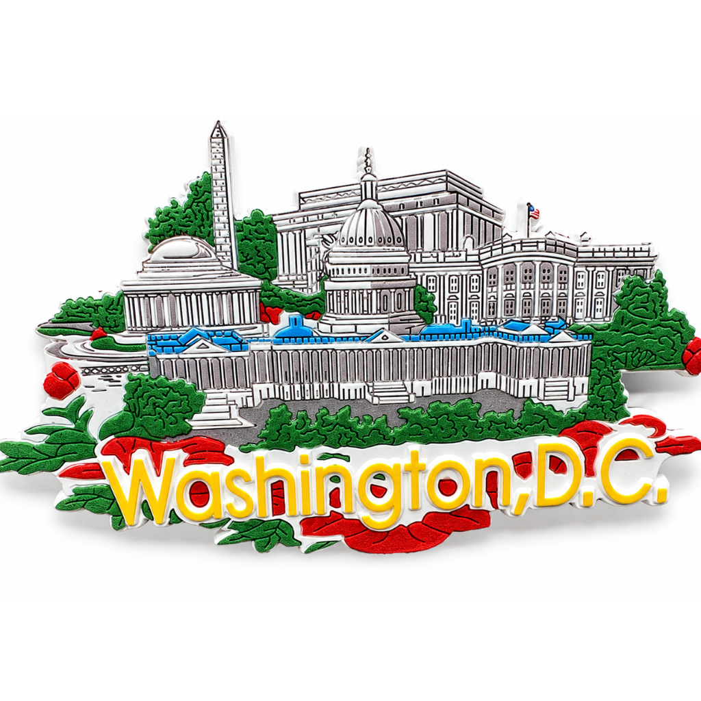 A Washington D.C magnet depicting the Washington Monument, The U.S Capitol, Jefferson memorial, The White House.