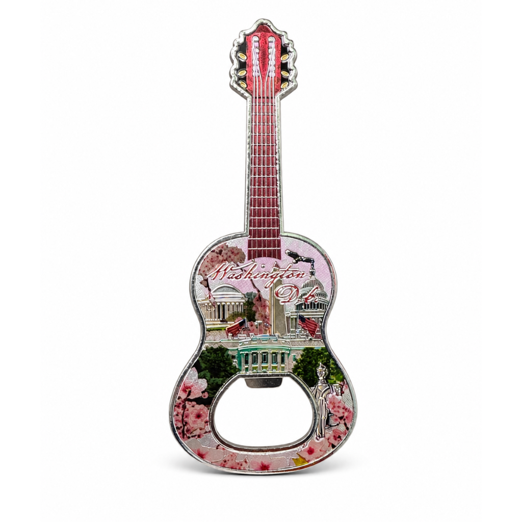 A guitar-shaped metal bottle opener featuring a Washington, D.C. With landmarks like the Lincoln Memorial and Washington Monument.