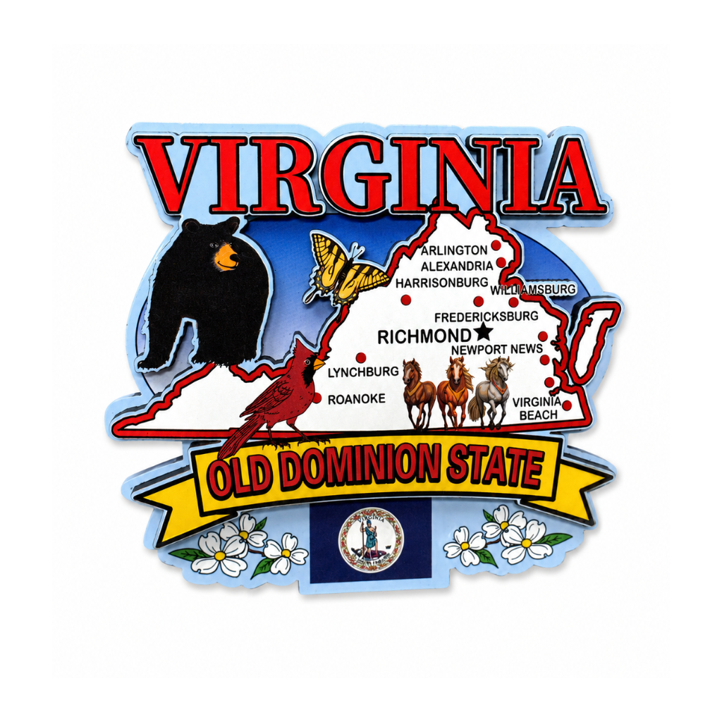 A colorful Virginia state-themed sticker or magnet design with the word VIRGINIA in large red letters, a map outline filled with state capitals and landmarks, a black bear, a butterfly, birds, horses, flowers, and a banner reading OLD DOMINION STATE on a white background.