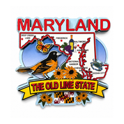 A Maryland souvenir enamel pin featuring a colorful map of Maryland with the word 'MARYLAND' in large red letters at the top, a blackbird, sunflowers, a butterfly, a bottle of wine, a crab, and a yellow banner reading 'THE OLD LINE STATE' on a white background.