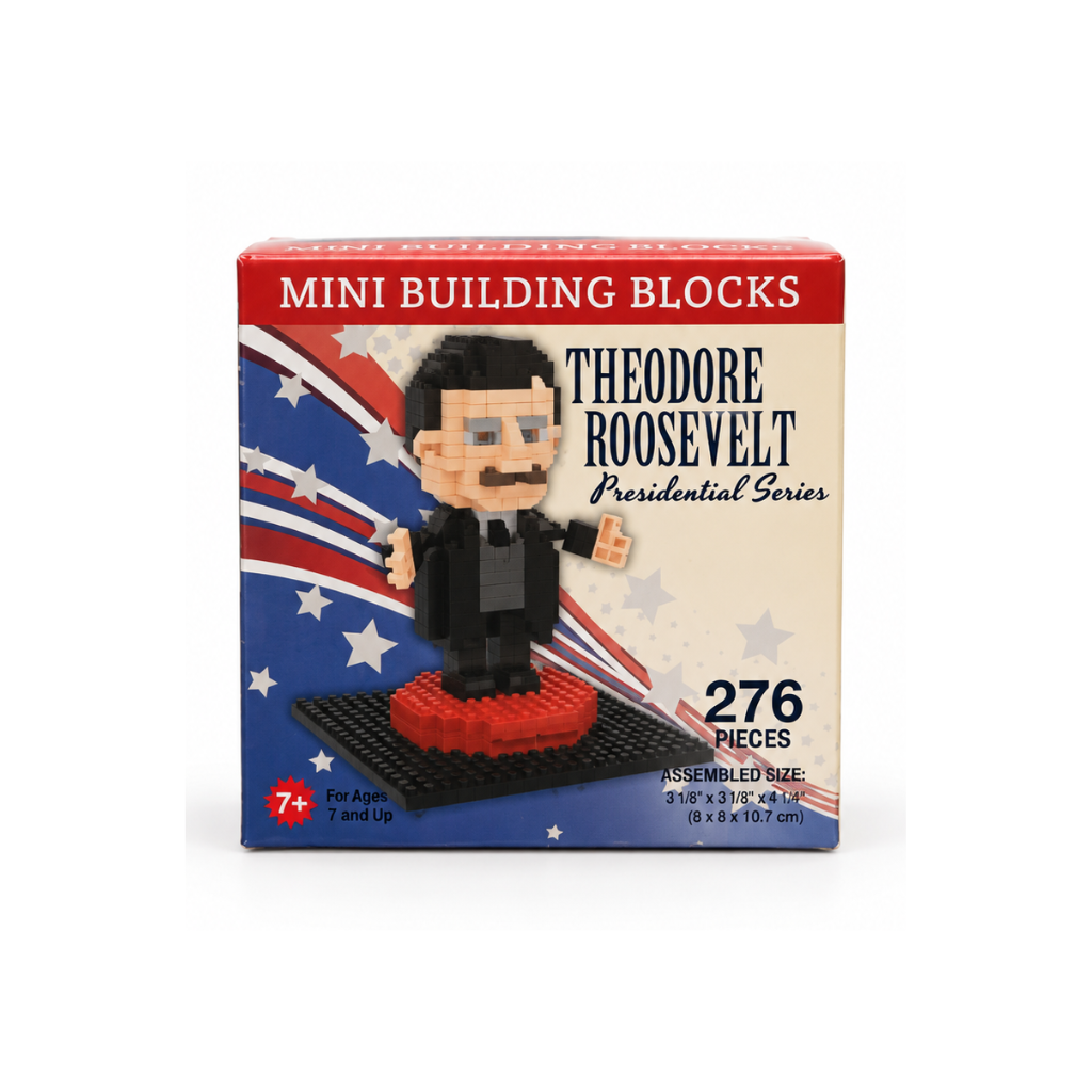 Theodore Roosevelt Mini Building Blocks set in its original retail packaging, featuring a red, white, and blue patriotic design with a pixelated figure of Theodore Roosevelt.