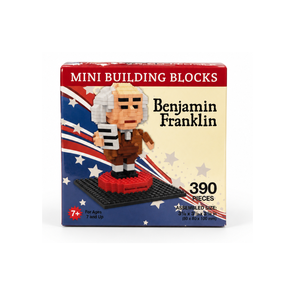 Benjamin Franklin mini building blocks toy set in its original retail packaging, featuring a 390-piece set with a red, white, and blue patriotic theme.