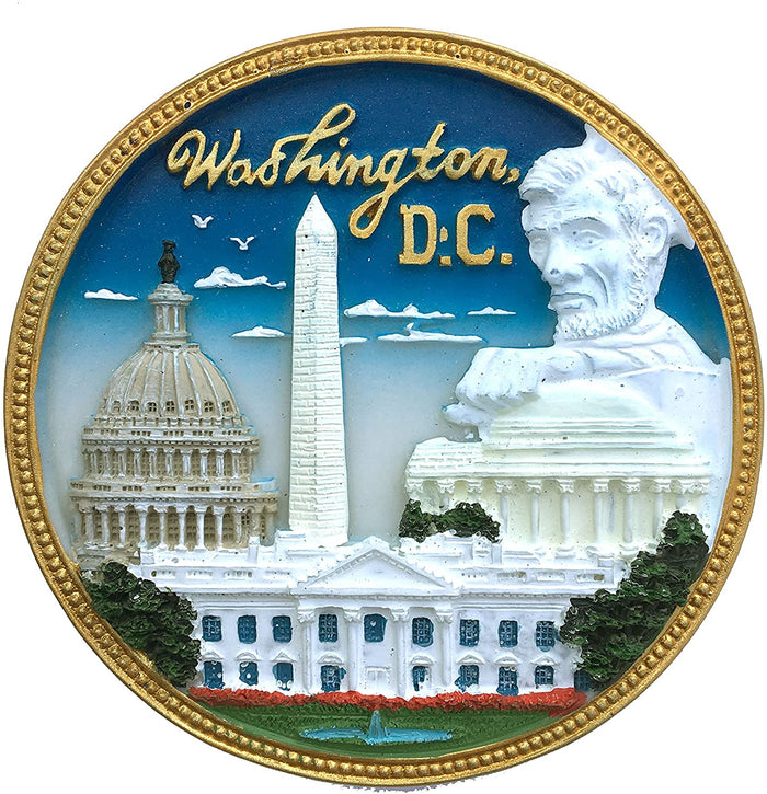 Washington DC Landmarks with Gold Trim Round Magnet