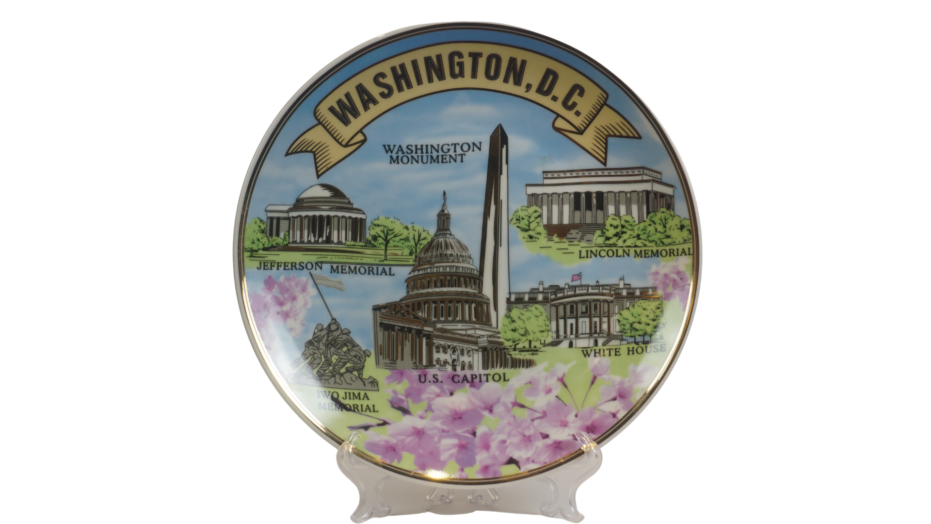 Large Washington D.C Cherry Blossom Ceramic Plate w/Stand 10"