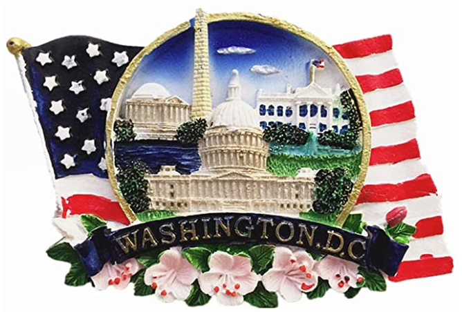 3D Washington DC Landmarks and Cherry Blossom with U.S. Flag Magnet