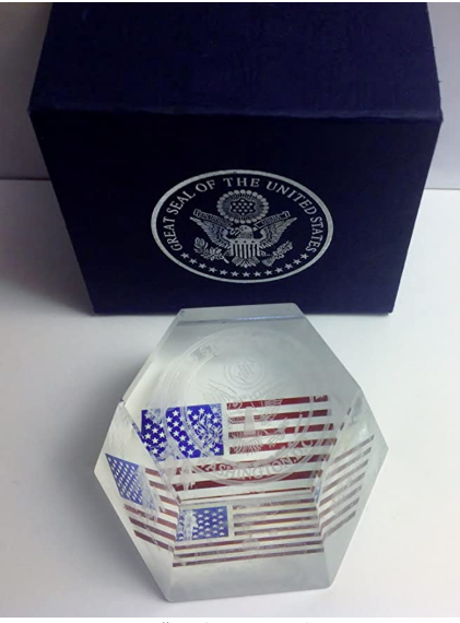 Washington DC Landmarks, USA Flag and Seal Hexagon Crystal Paperweight