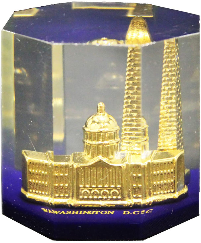 Lucite Paperweight Capitol and Monument Blue base Gold (Octagon)