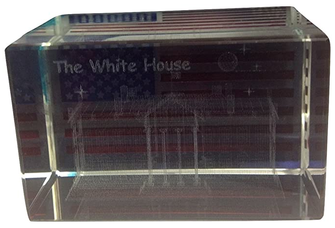 White House 3D Laser Etched Glass Crystal Paperweight with USA Flag